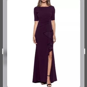 Love this dress!! BETSY & ADAM Ruffled Front Ruched Gown in MULBERRY